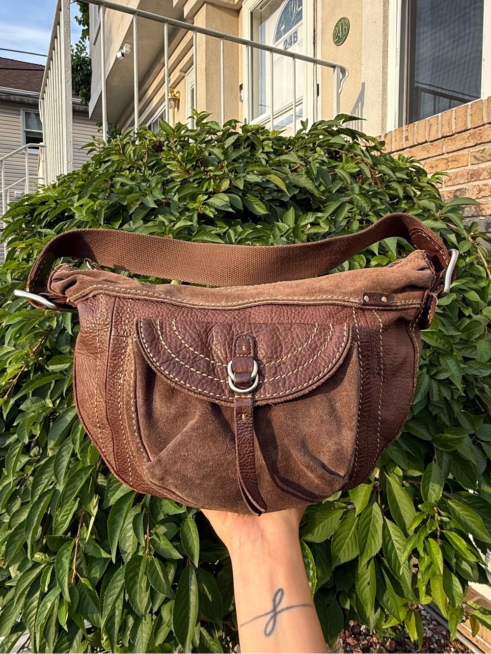 Vintage Fossil Suede Leather Hobo Shoulder Bag Crescent Brown Y2K Boho Slouch